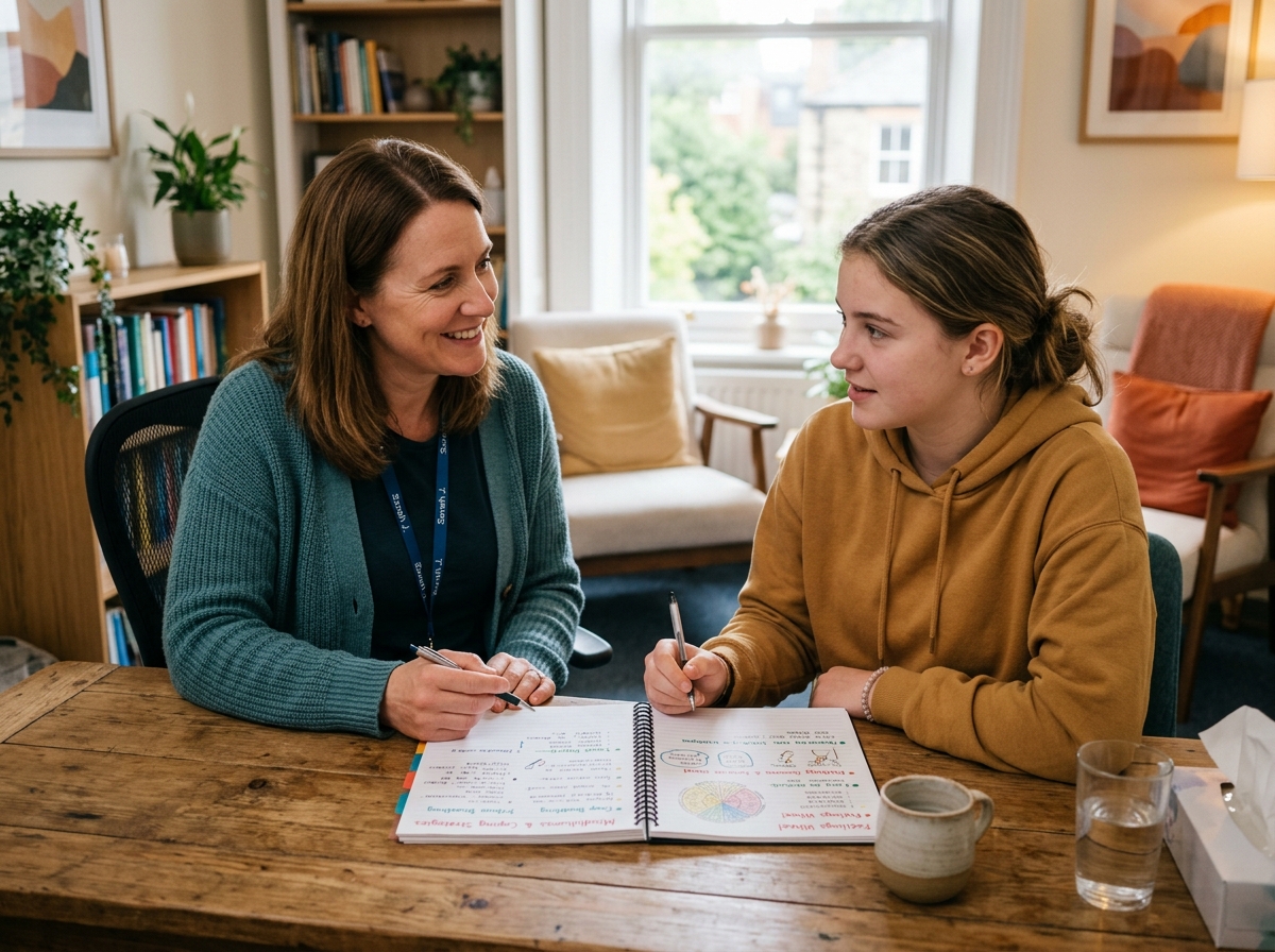 Teenager working on supportive coping strategies with practitioner